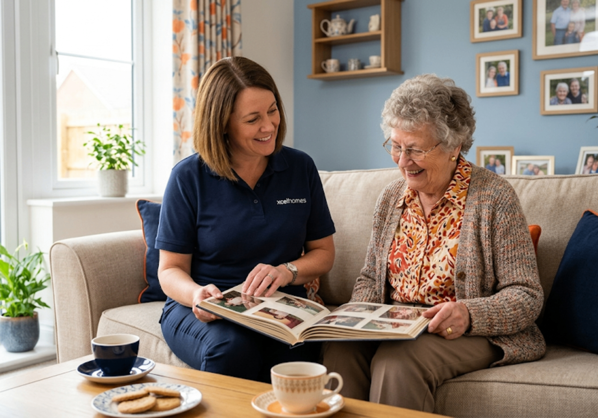 Professional Xcel Homes carer providing companionship to elderly client in Market Harborough home